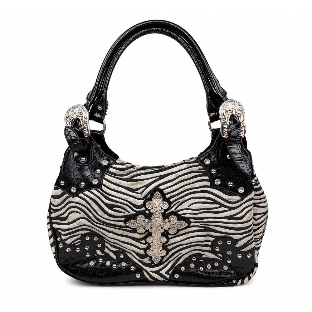 Western Cross Zebra Black Leather Vintage Y2K Studded Rhinestone Shoulder Bag